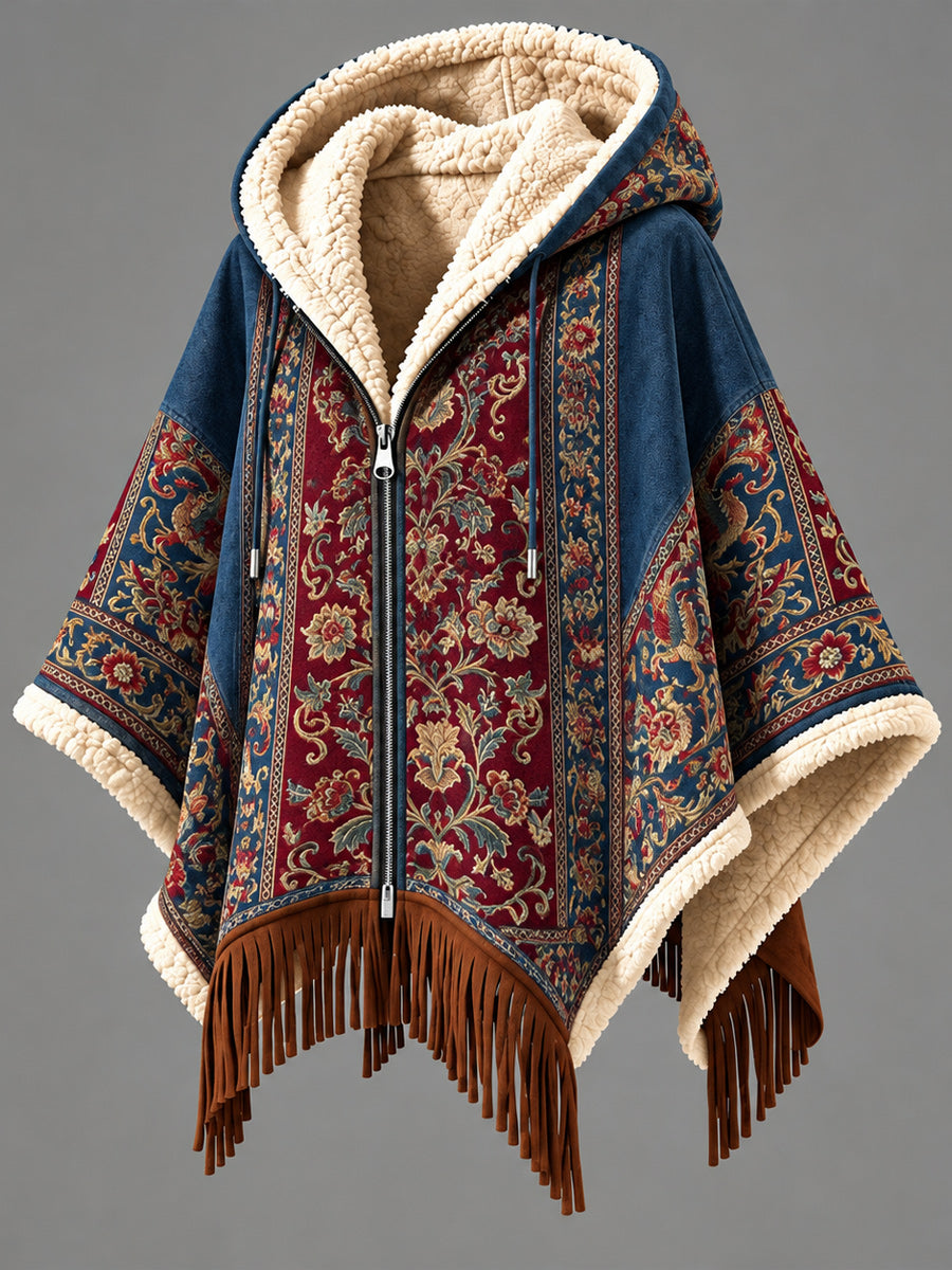 Women's Fall Winter Vintage Art Fleece-Lined Hooded Fringe Poncho